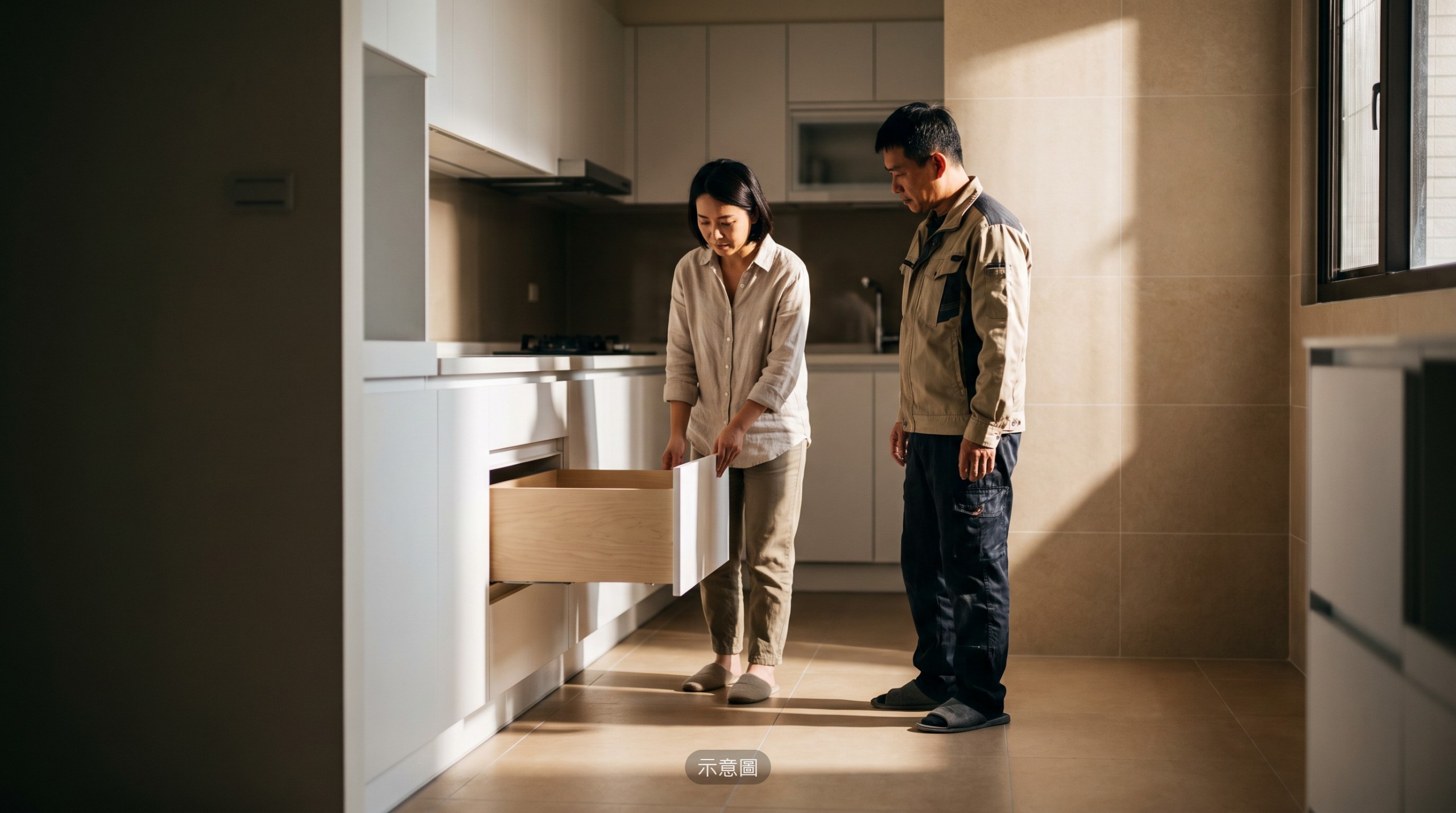 屋主與施工方驗收廚房（示意圖）