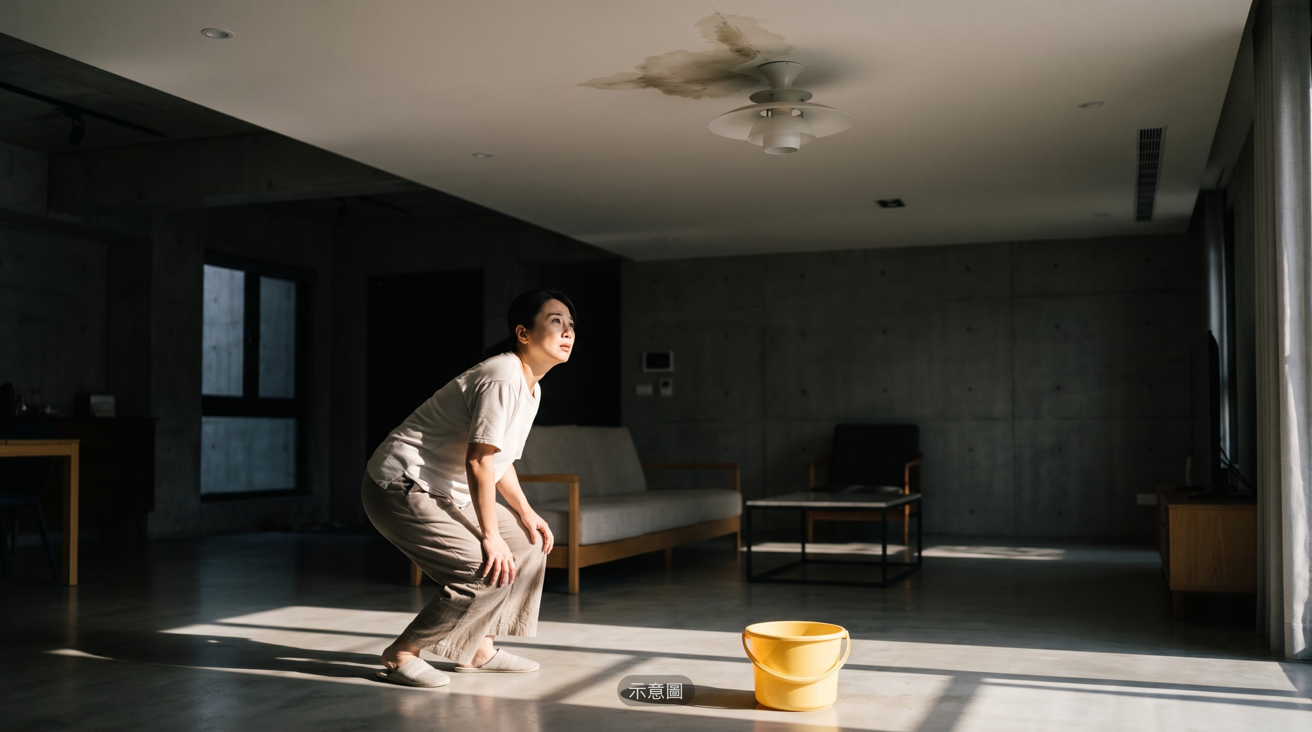 樓上漏水造成天花板水漬（示意圖）